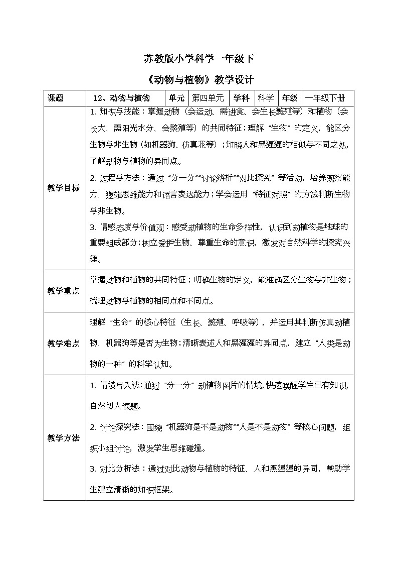 12、动物与植物 小学科学苏教版2024一年级下册教案表格式第1页