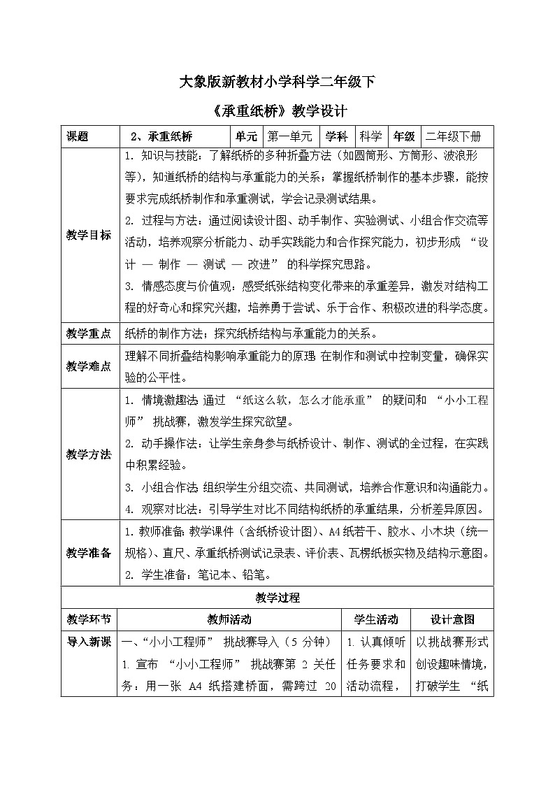 2、承重纸桥 第一单元 小学科学大象版新教材二年级下册 教案表格式第1页