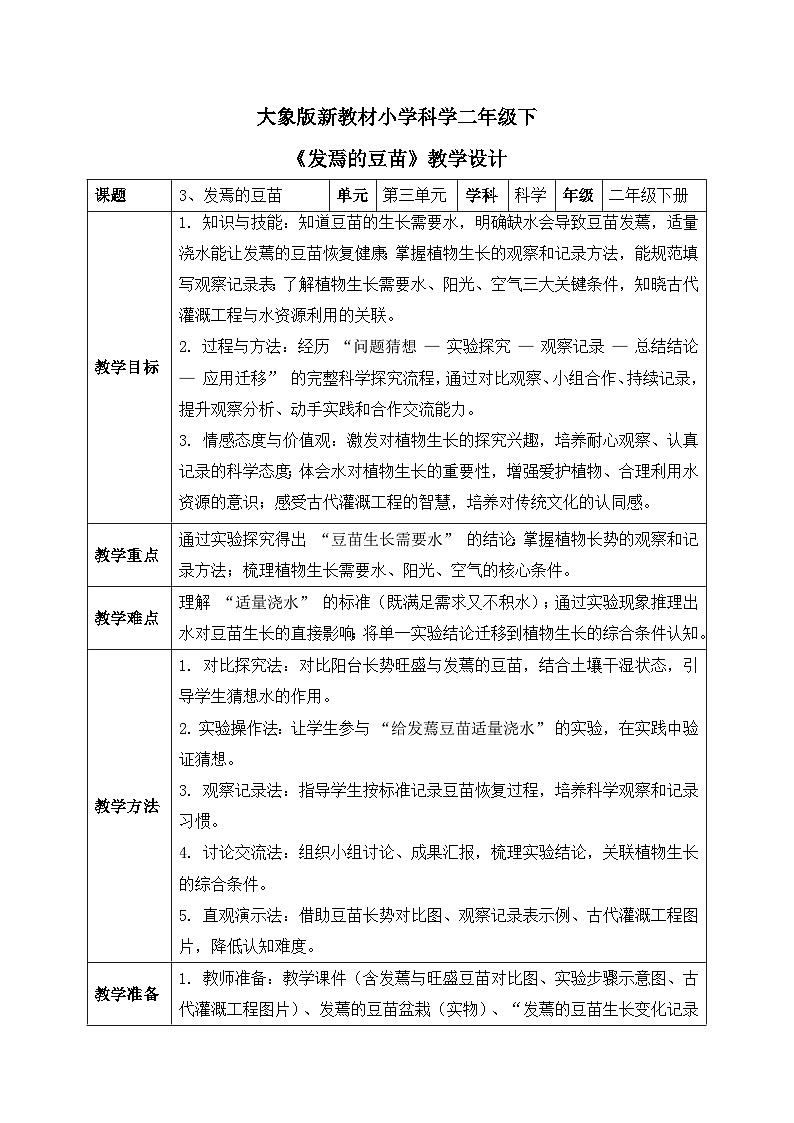 3、发焉的豆苗 第三单元 小学科学大象版新教材 二年级下册 表格式教案第1页