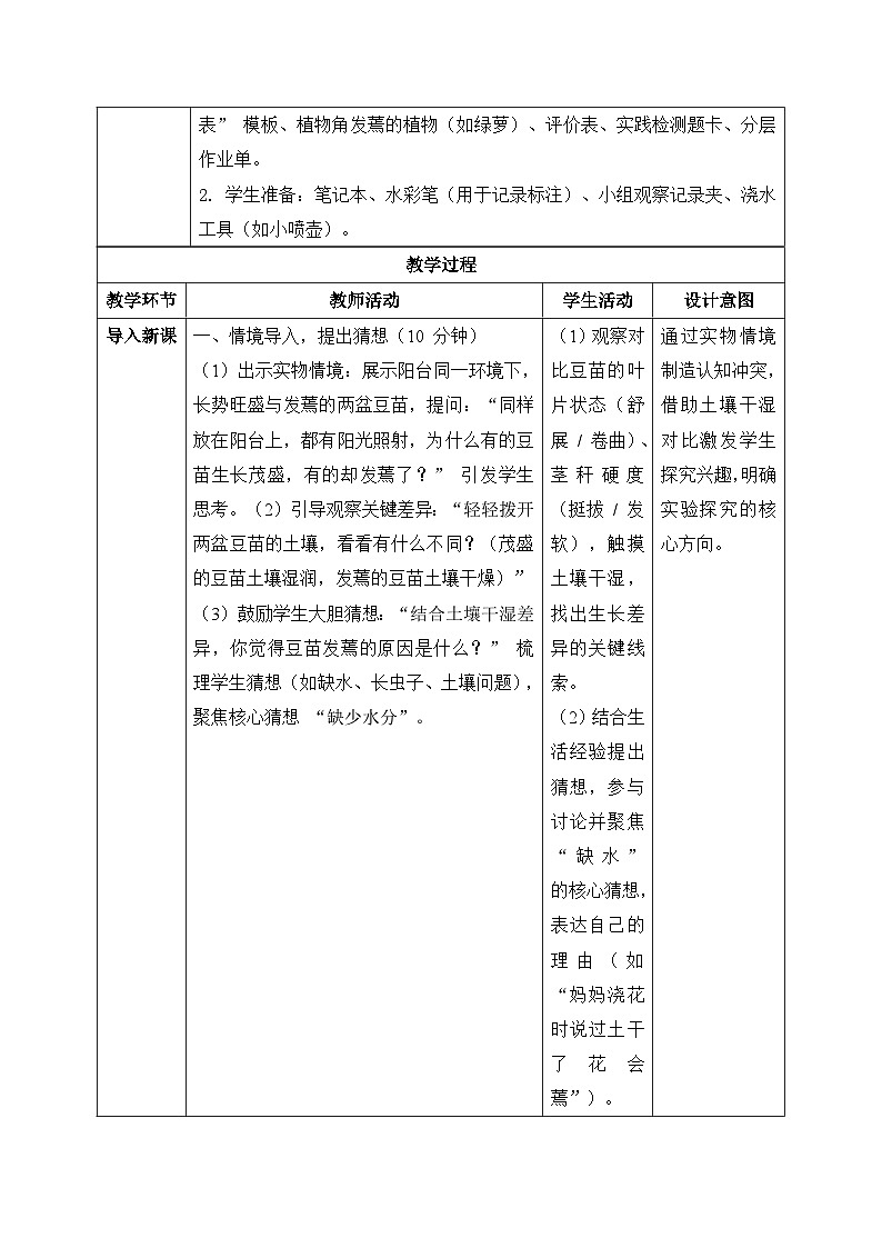 3、发焉的豆苗 第三单元 小学科学大象版新教材 二年级下册 表格式教案第2页