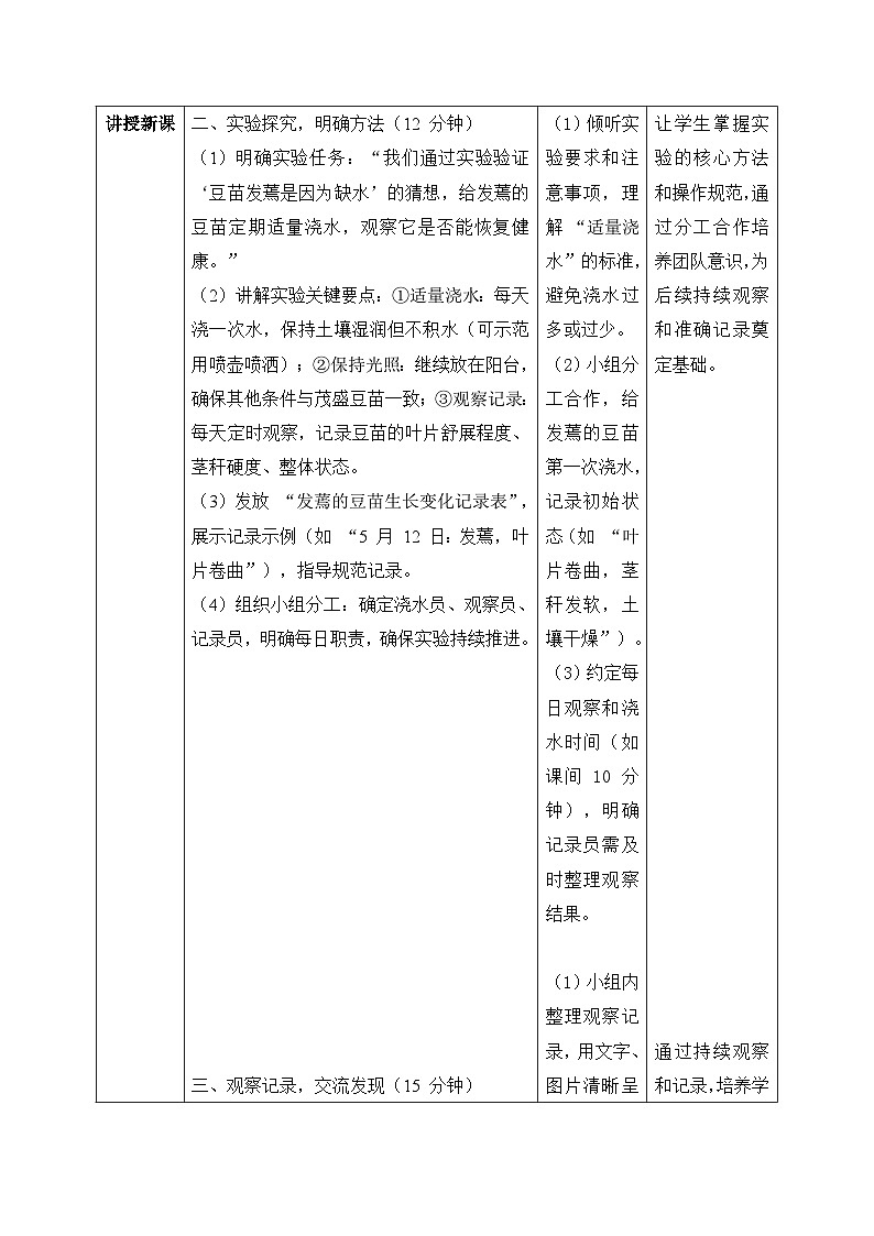 3、发焉的豆苗 第三单元 小学科学大象版新教材 二年级下册 表格式教案第3页