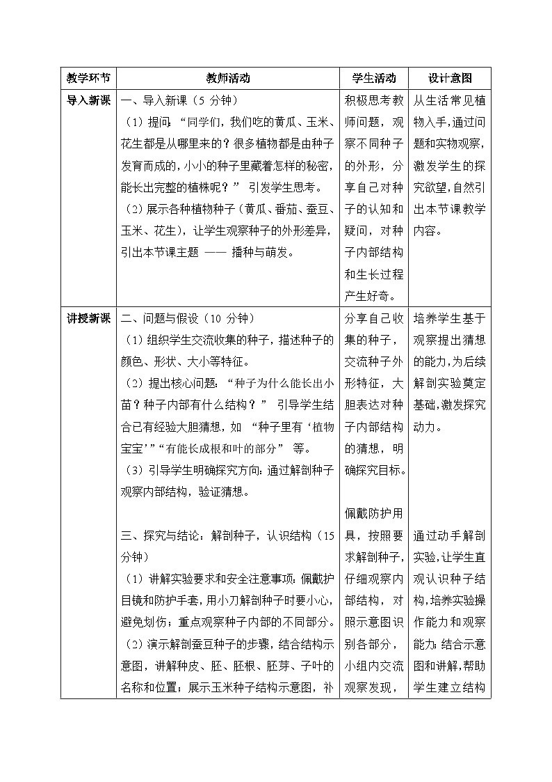 2、播种与萌发 第二单元 小学科学 大象版新教材 三年级下册 表格式教案第2页