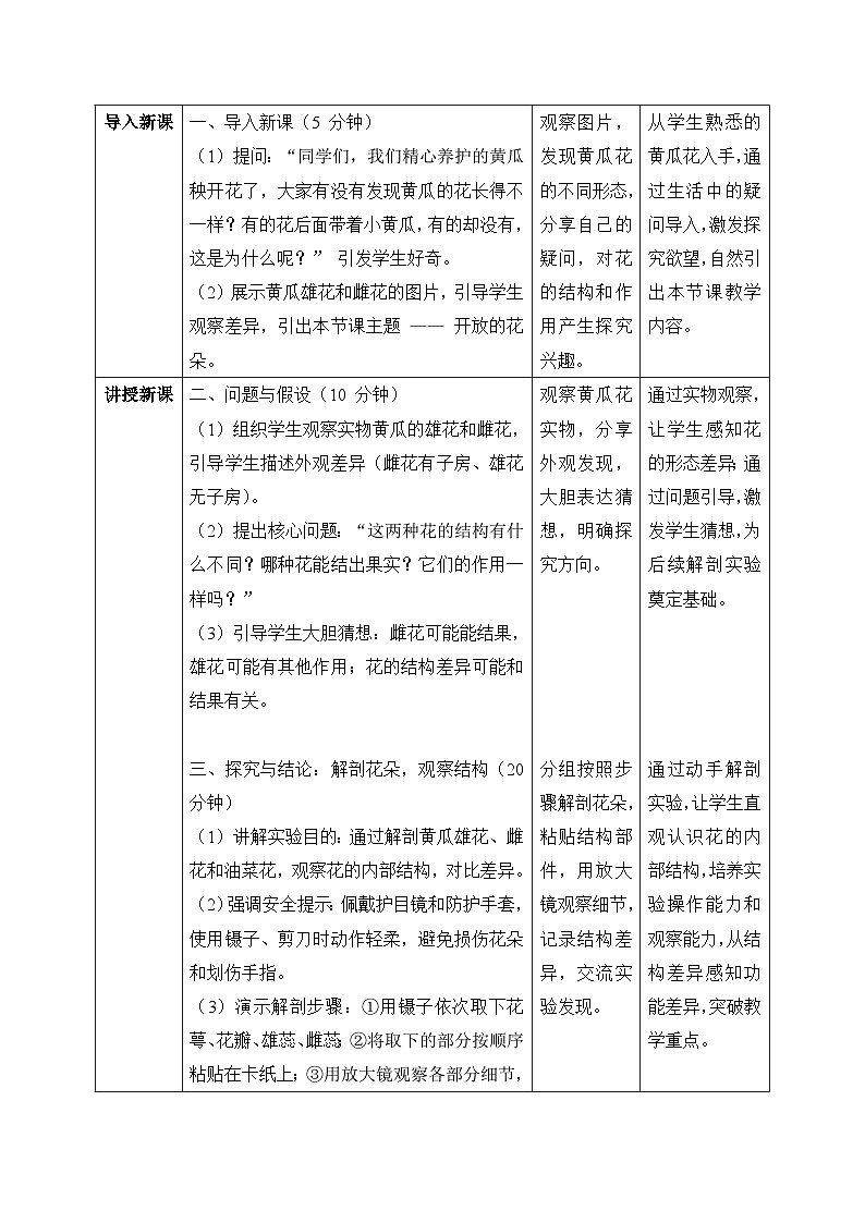4、开放的花朵 第二单元 小学科学 大象版新教材 三年级下册 表格式教案第2页