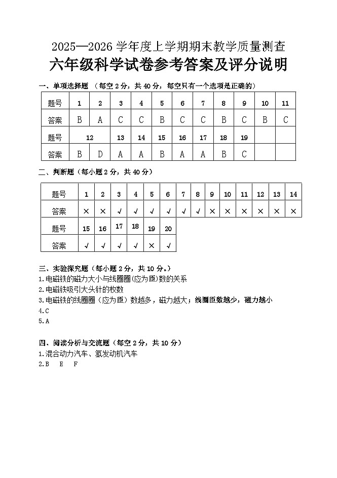六年级科学试题答案第1页