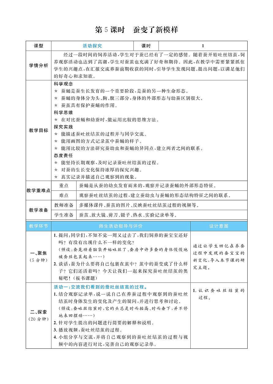 2026年教科版三年级科学下册 第5课时 蚕变了新模样(教案)第1页