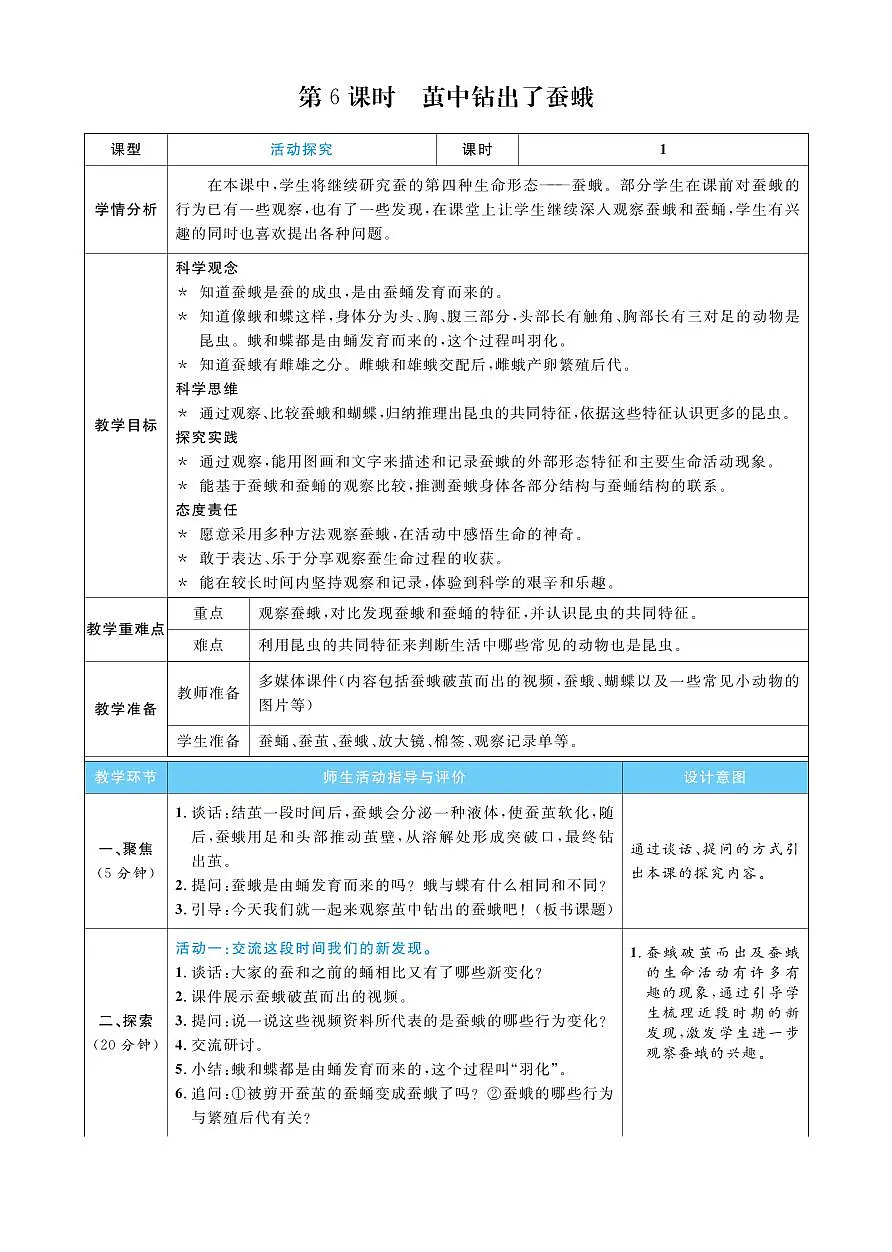 2026年教科版三年级科学下册 第6课时 茧中钻出了蚕蛾(教案)第1页