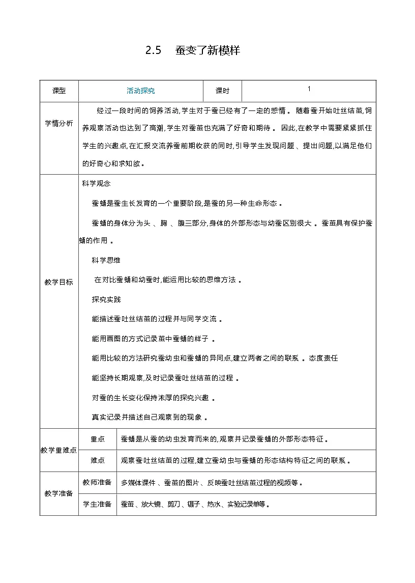 2.5 蚕变了新模样 教案(表格式) 教科版科学三年级下册第1页