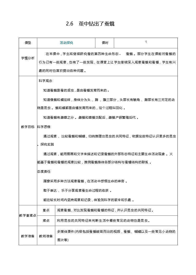 2.6 茧中钻出了蚕蛾 教案(表格式) 教科版科学三年级下册第1页
