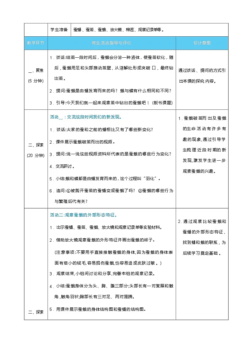 2.6 茧中钻出了蚕蛾 教案(表格式) 教科版科学三年级下册第2页