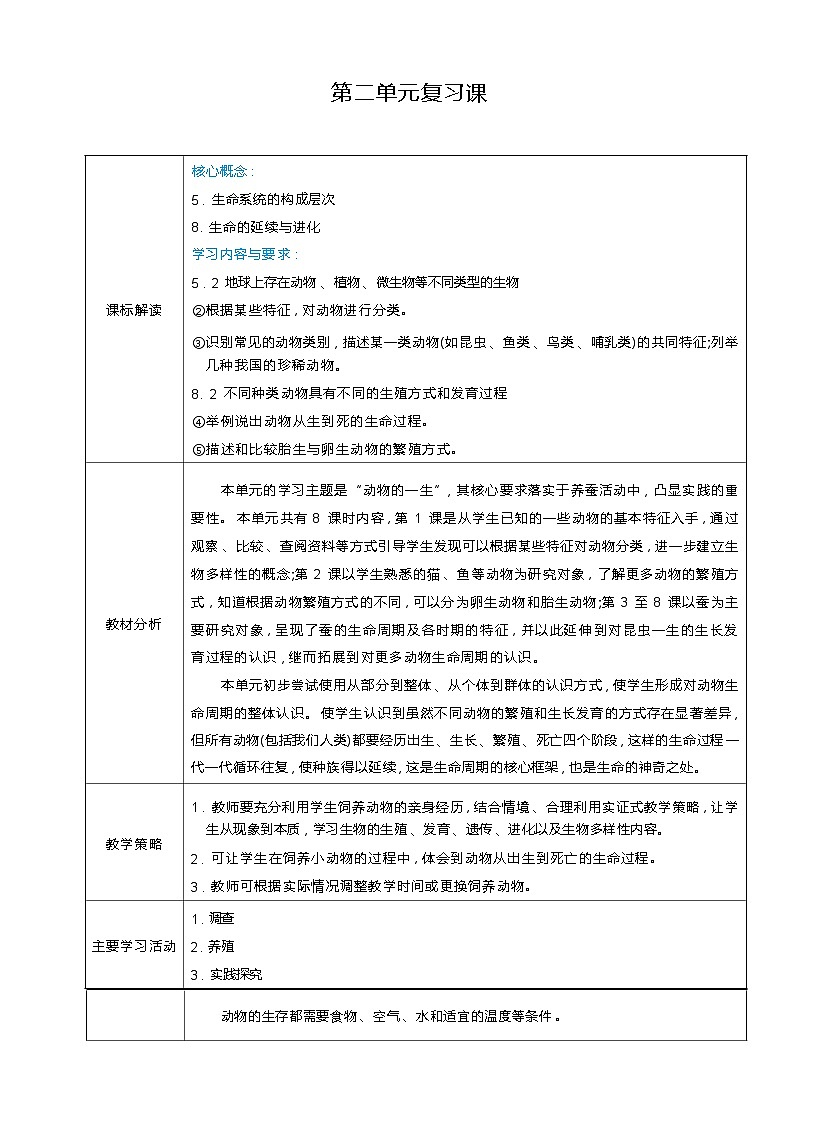 第二单元 动物的一生 教案(表格式) 教科版科学三年级下册第1页