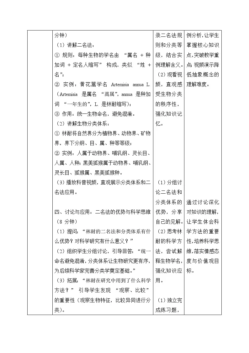 林耐是怎样给生物命名的 小学科学 大象版新教材 三年级下册 表格式教案第3页