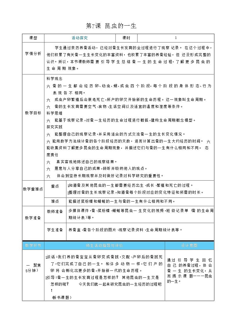 2026年教科版三年级科学下册 2.7 昆虫的一生(表格式教案)第1页