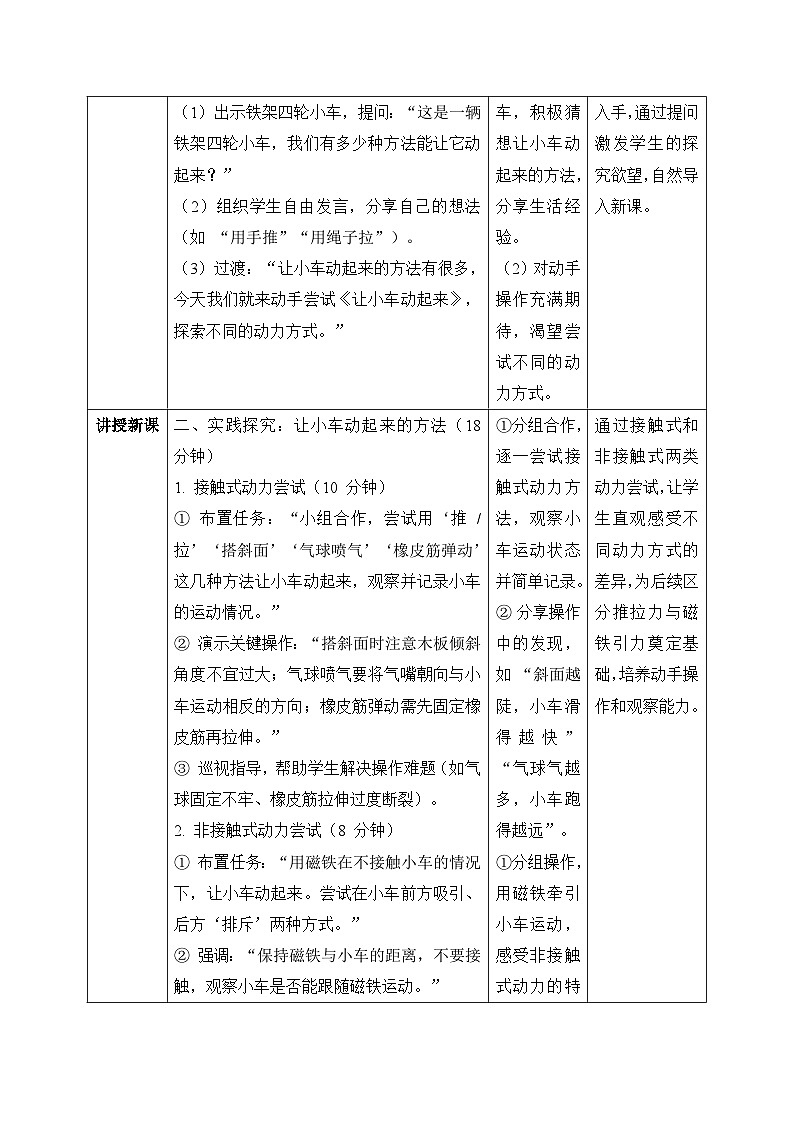 3、让小车动起来 小学科学 教科版(2024) 二年级下册 表格式教案第2页