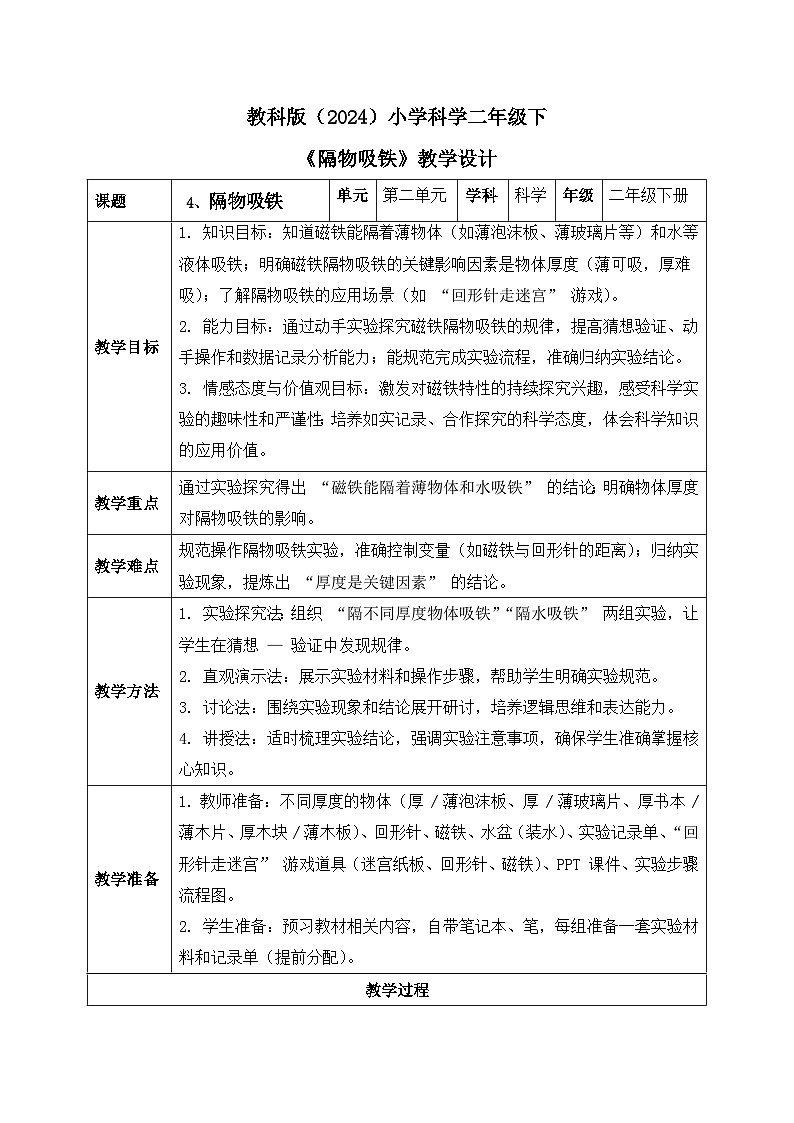 4、隔物吸铁 小学科学 教科版(2024) 二年级下册 表格式教案第1页