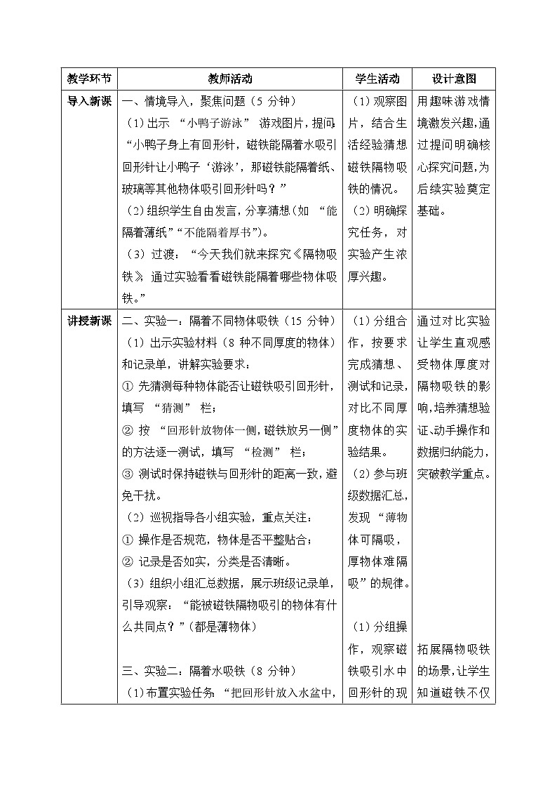 4、隔物吸铁 小学科学 教科版(2024) 二年级下册 表格式教案第2页