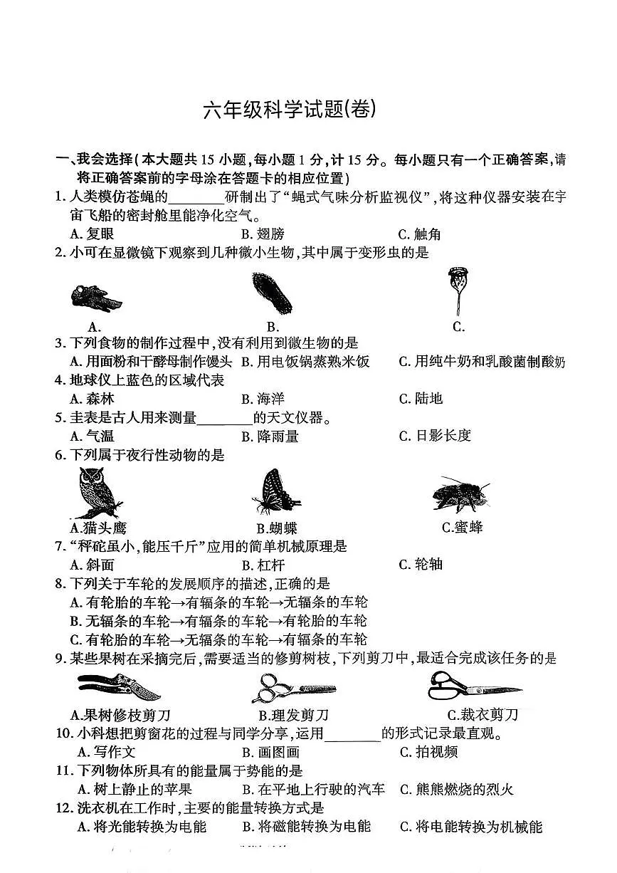 陕西省渭南市蒲城县2025-2026学年六年级上学期1月期末科学试卷第1页