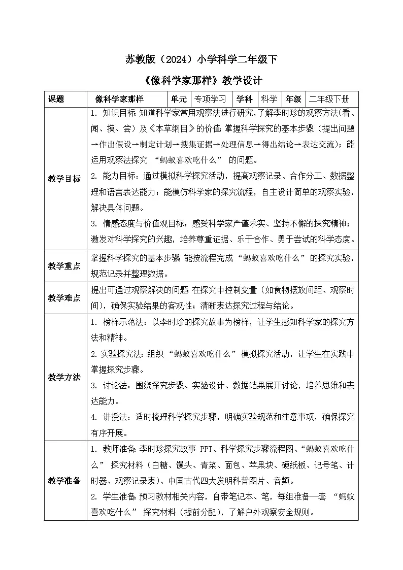 专项学习 像科学家那样 小学科学 苏教版(2024) 二年级下册 表格式教案第1页