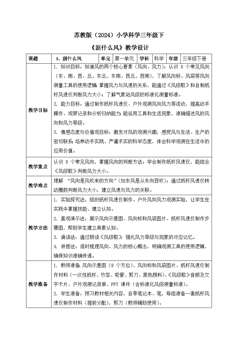 3、刮什么风 小学科学 苏教版(2024) 三年级下册 表格式教案第1页