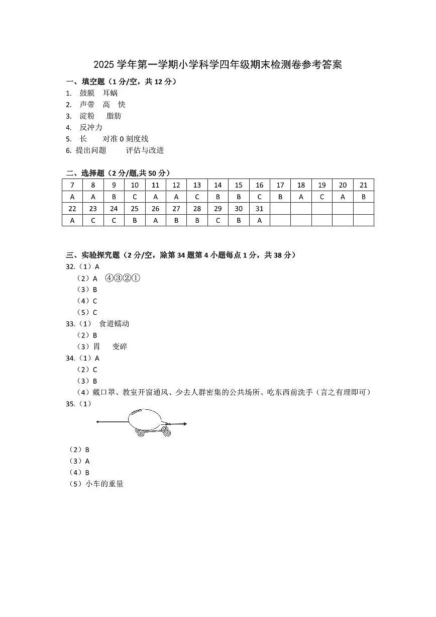 2025学年第一学期四上科学期末参考答案第1页