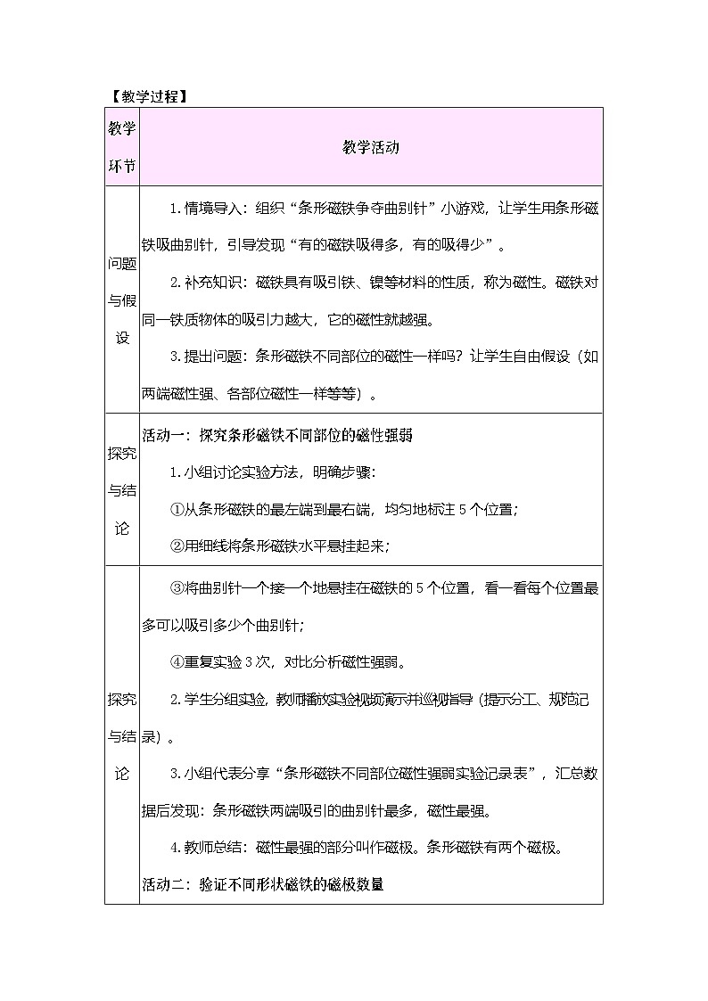 2026年大象版三年级科学下册 1.1 磁铁有两极(表格式教案)第2页