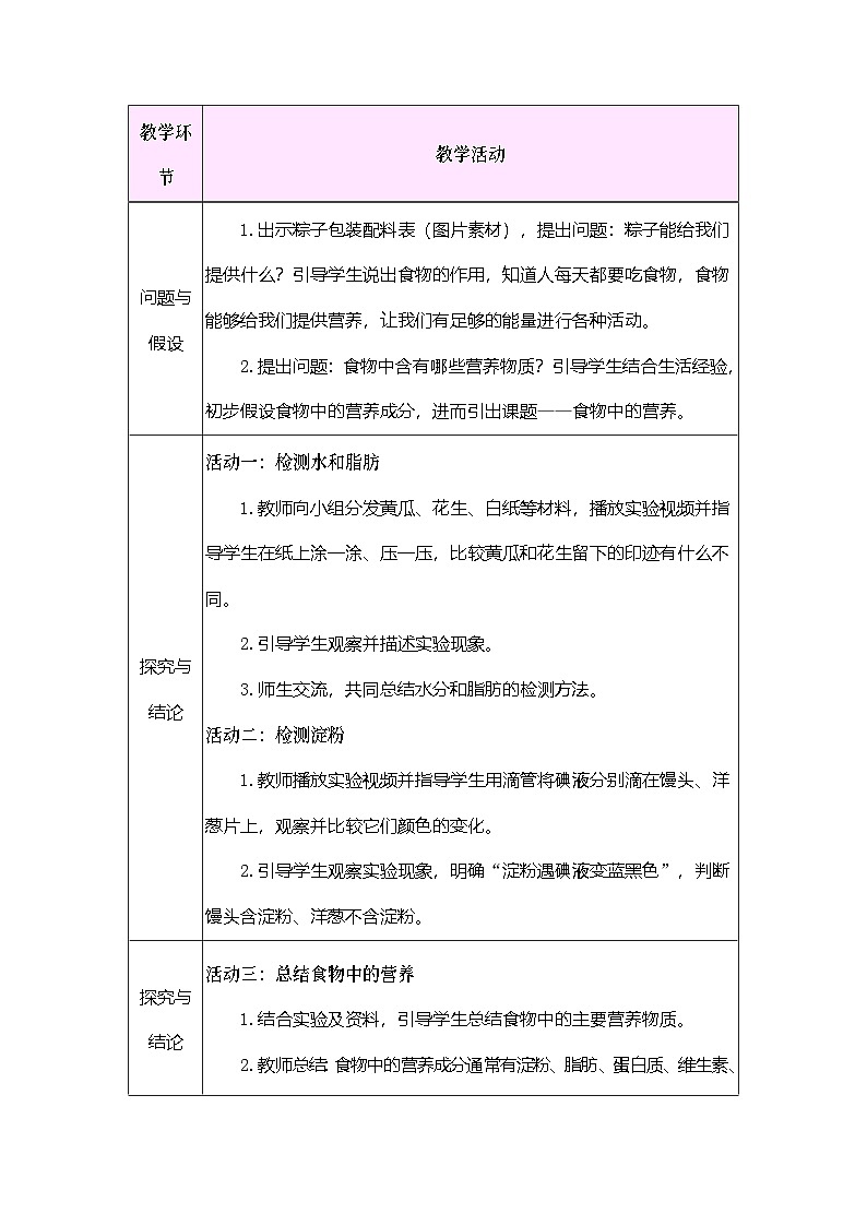 2026年大象版三年级科学下册 3.1 食物中的营养(表格式教案)第2页