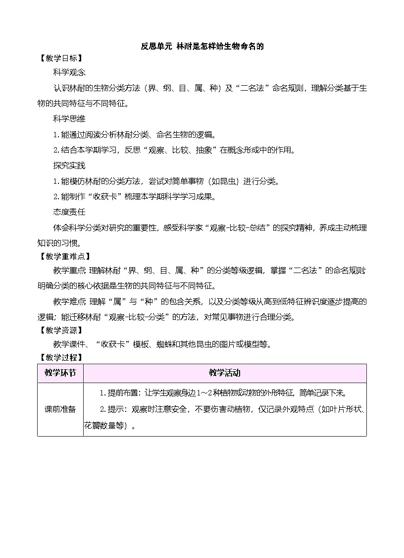 大象版(2024)科学三年级下册 反思单元 林耐是怎样给生物命名的(表格式教案)第1页