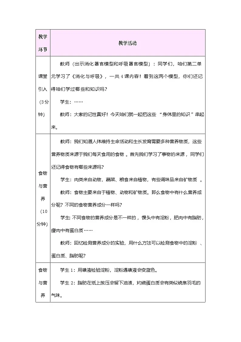 2026年粤教版三年级科学下册 第二单元 消化与呼吸 单元小结(教案)第2页