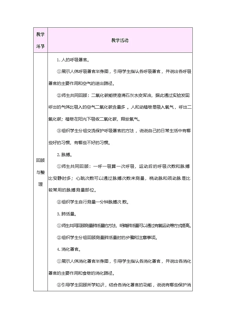 第五单元 人的呼吸和消化 单元小结(教案)2025-2026学年苏教版三年级科学下册第3页