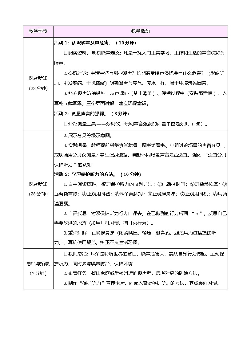 苏教版(2024)科学三年级下册 4.16 保护听力(表格式教案)第2页