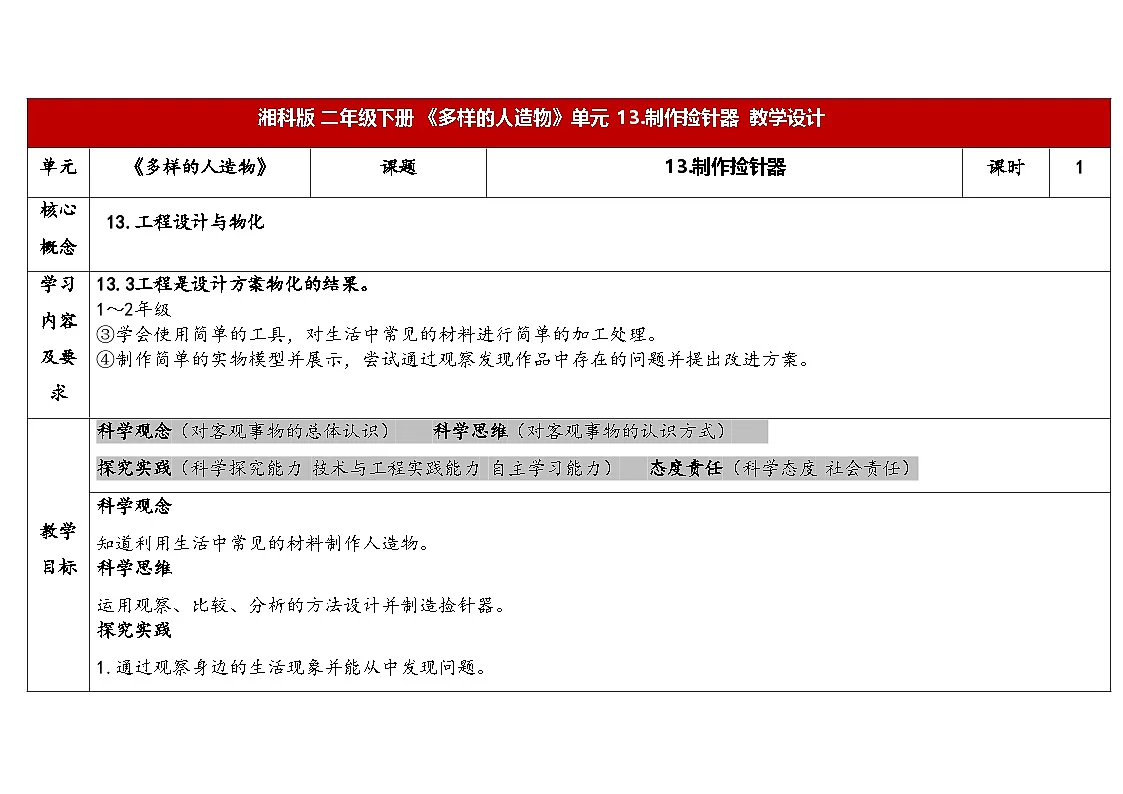 2026年湘科版二年级科学下册4.13制作捡针器(表格式教案)第1页