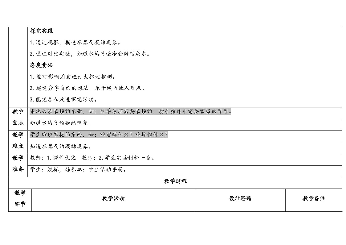 2026年湘科版三年级科学下册 1.4水蒸气的凝结(表格式教案)第2页