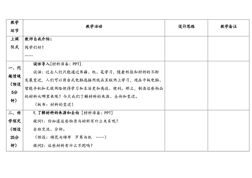 2026年湘科版三年级科学下册 5.23材料的变迁(表格式教案)第3页