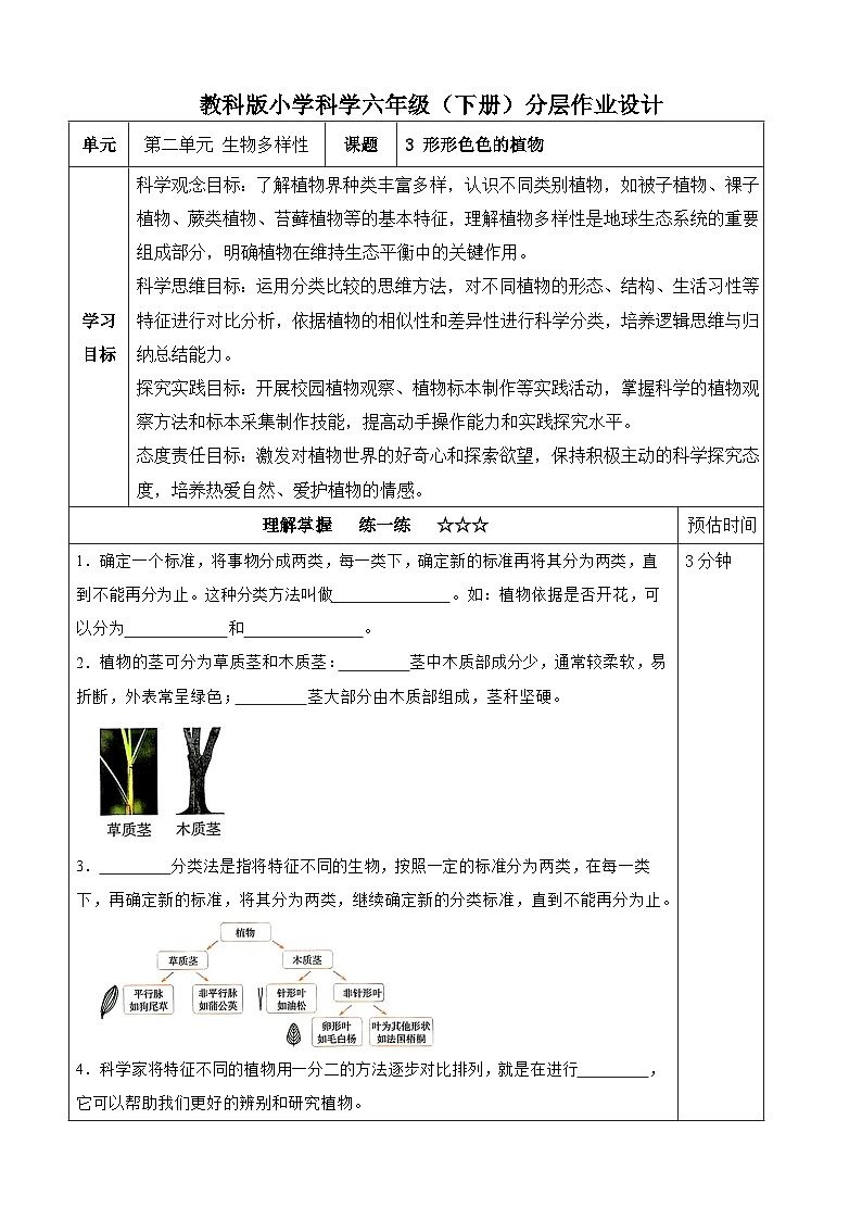 【分层作业设计】2.3 形形色色的植物 同步练习(含答案)2025-2026学年教科版六年级科学下册第1页