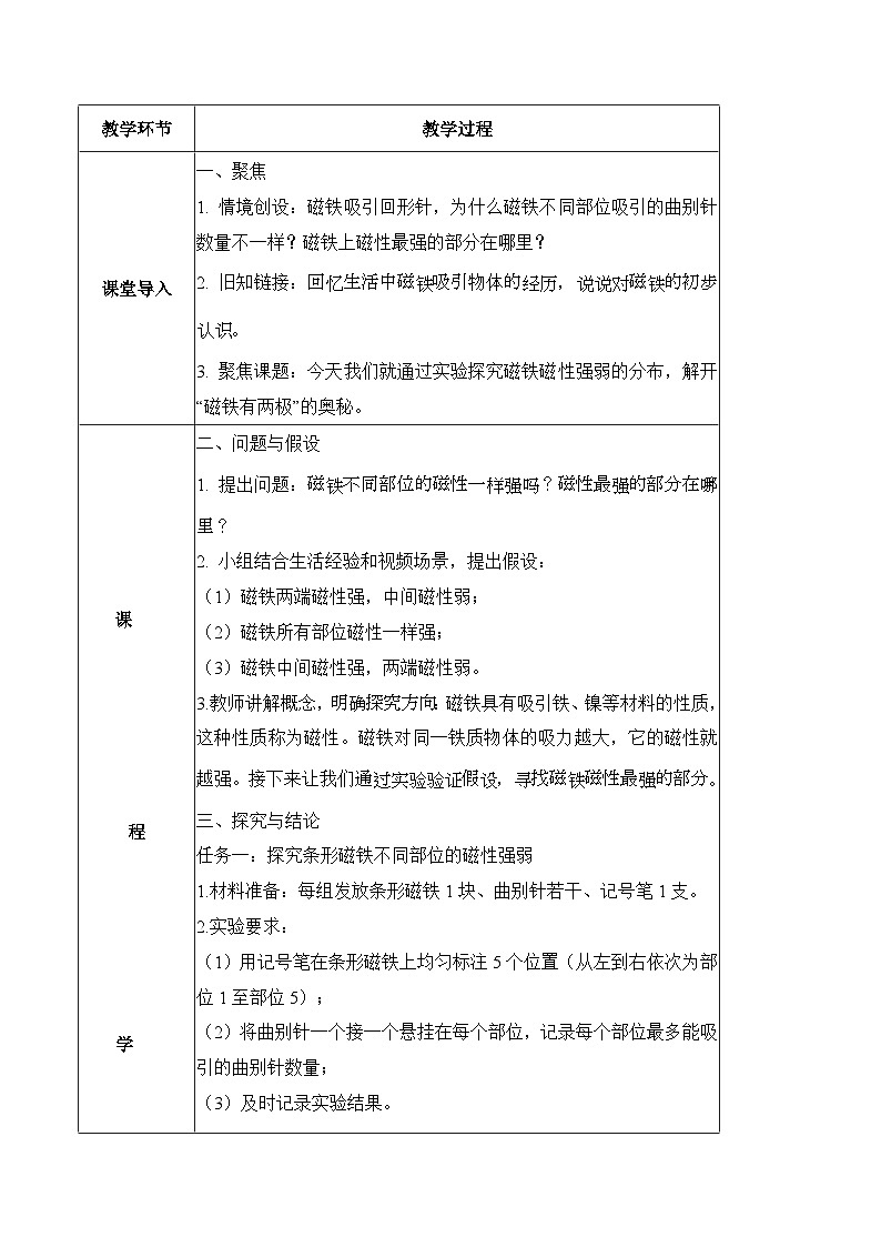 1.1 磁铁有两级(教学设计 表格式)科学大象版三年级下册(新教材)第2页
