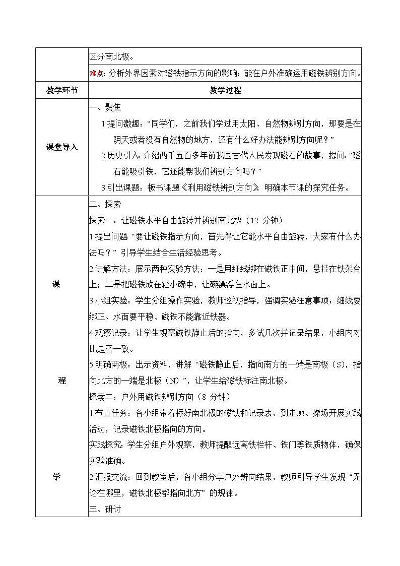 教科版2024小学科学三下1-3《利用磁铁辨别方向》教案第2页