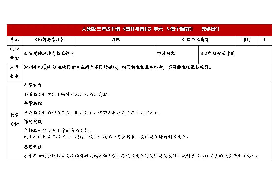 1.3做个指南针(表格式教案)2025-2026学年大象版三年级科学下册第1页
