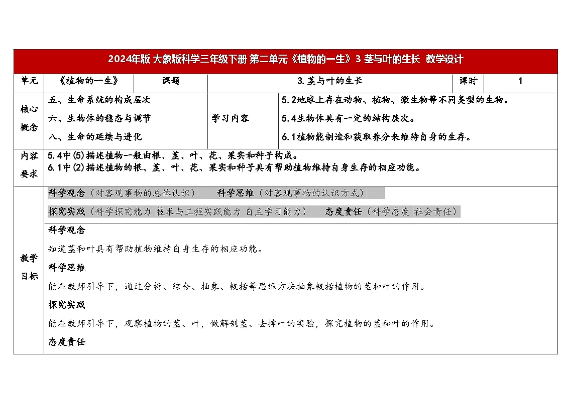 2.3.茎与叶的生长(表格式教案)2025-2026学年大象版三年级科学下册第1页