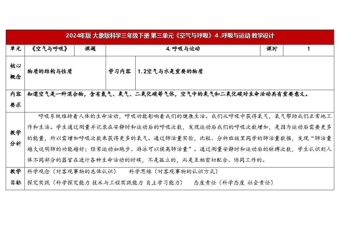 4.4《呼吸与运动》(表格式教案)2025-2026学年大象版三年级科学下册第1页