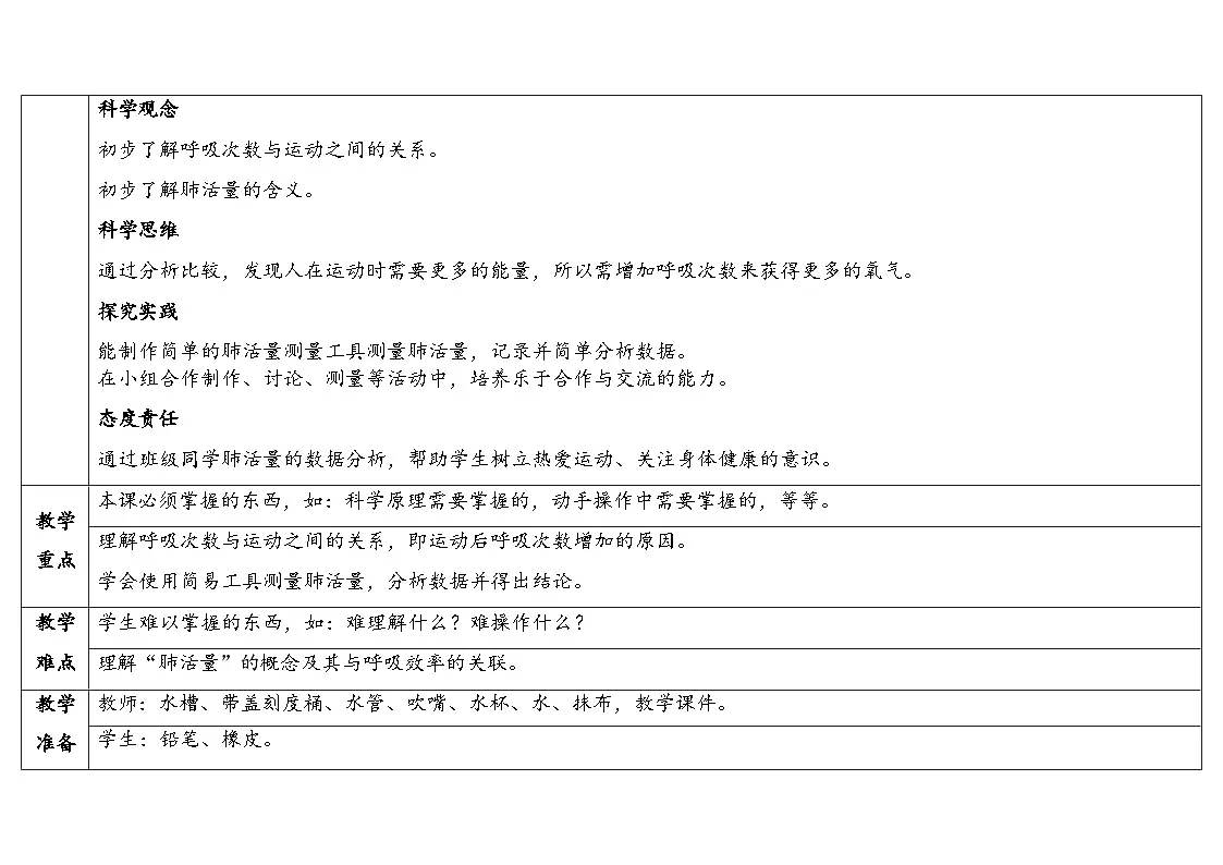 4.4《呼吸与运动》(表格式教案)2025-2026学年大象版三年级科学下册第2页