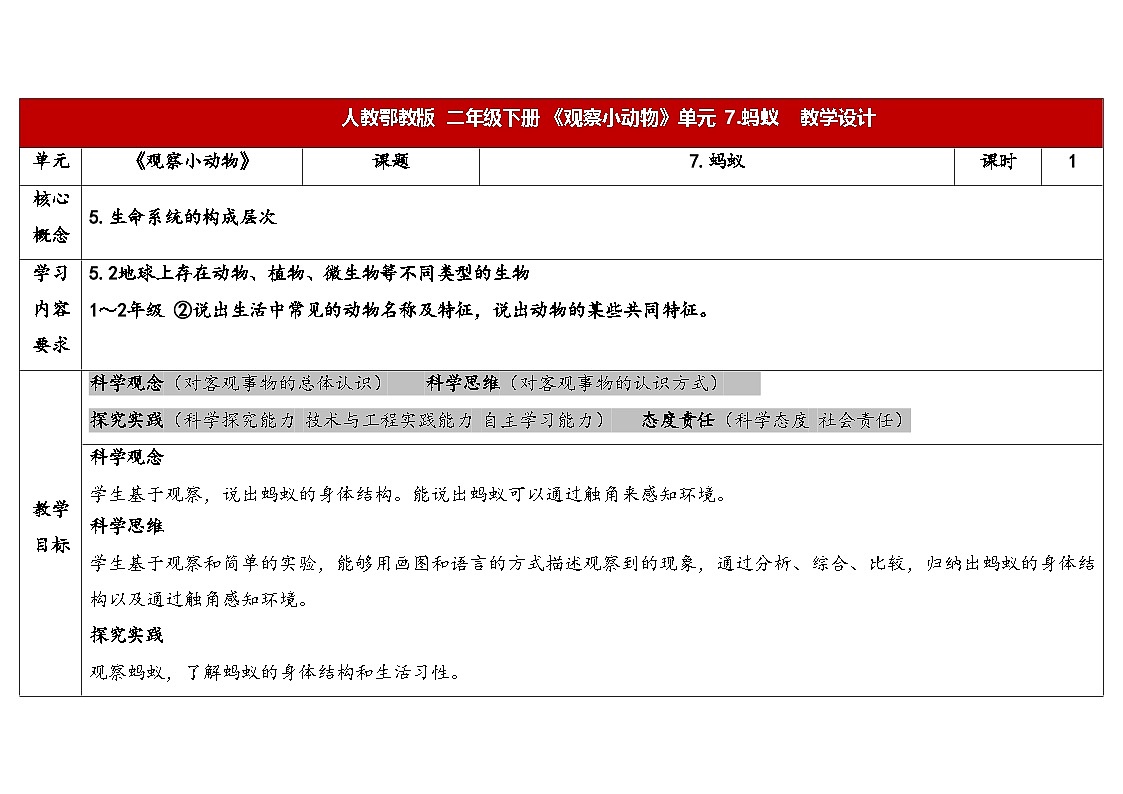 7.蚂蚁(表格式教案)2025-2026学年人教鄂教版二年级科学下册第1页