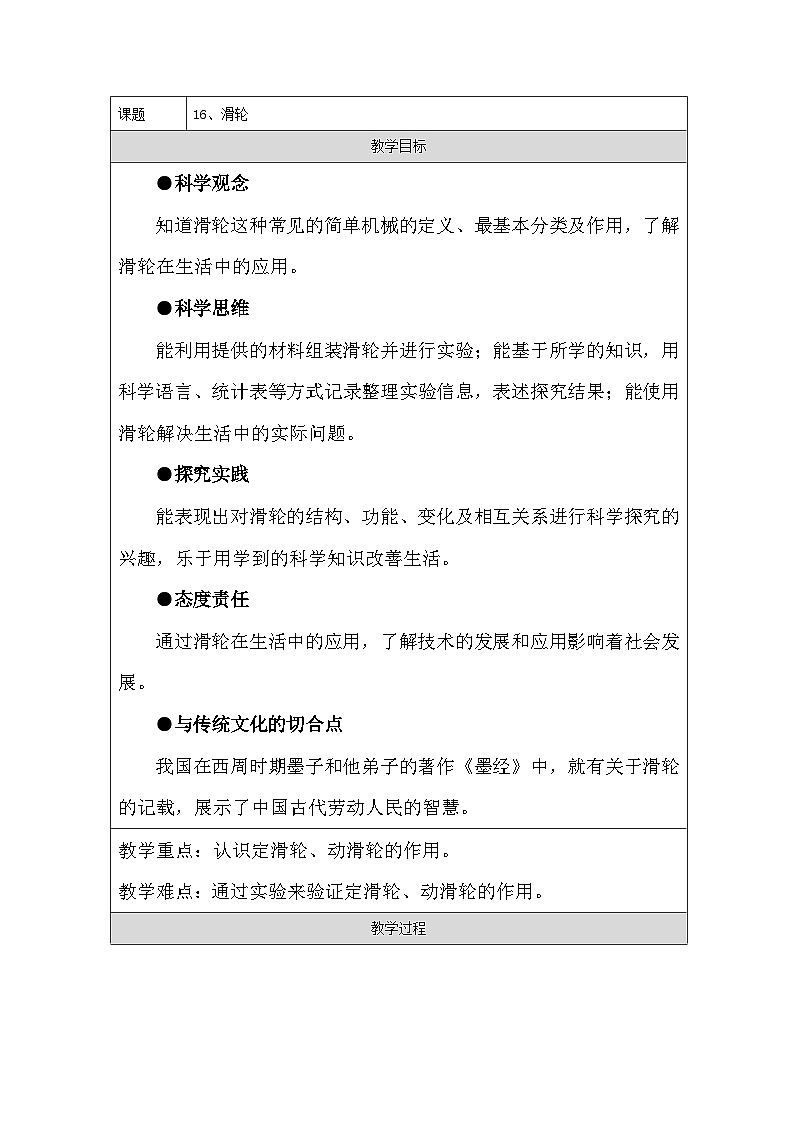 青岛版(六三制)小学科学六年级上册 16 滑轮 教学设计第1页