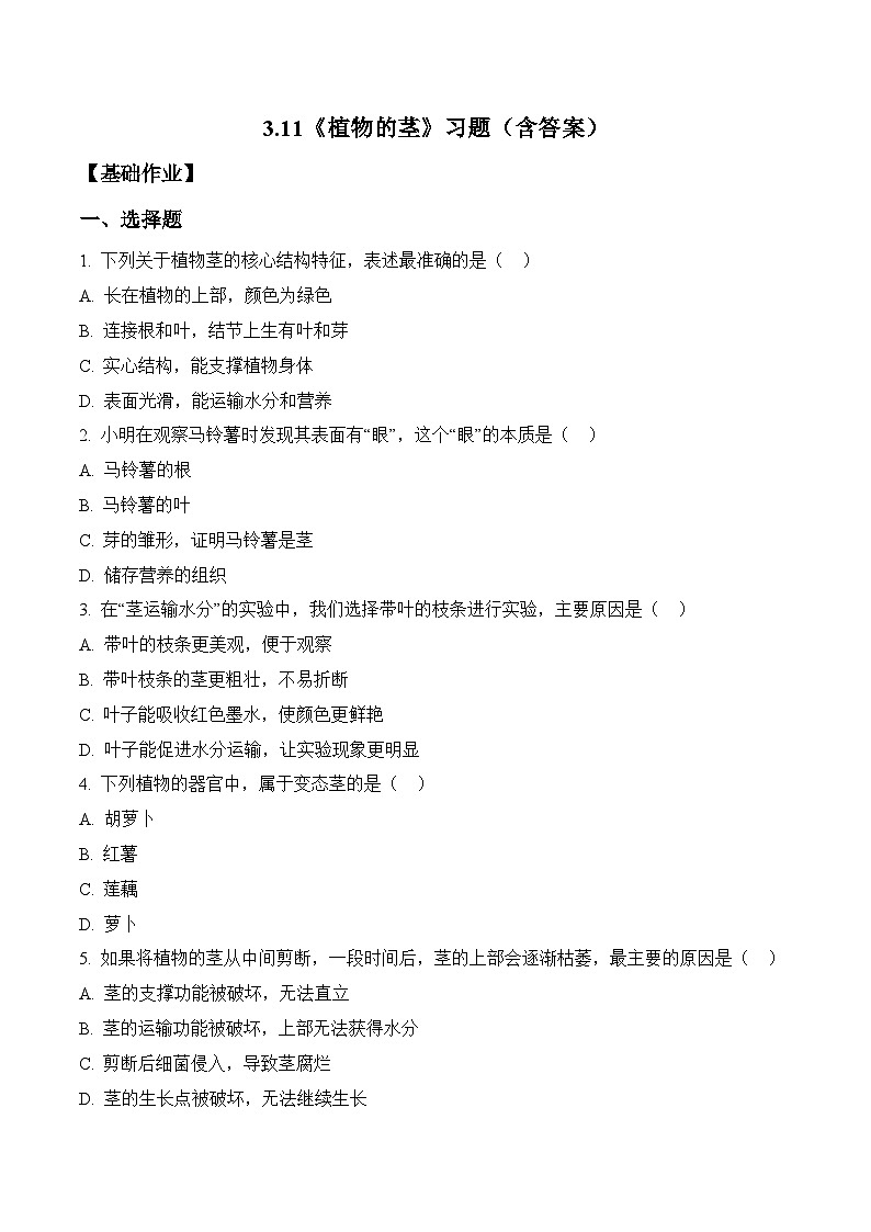 2026年青岛版(六三制)三年级科学下册3.11 植物的茎(分层作业)(含答案)第1页