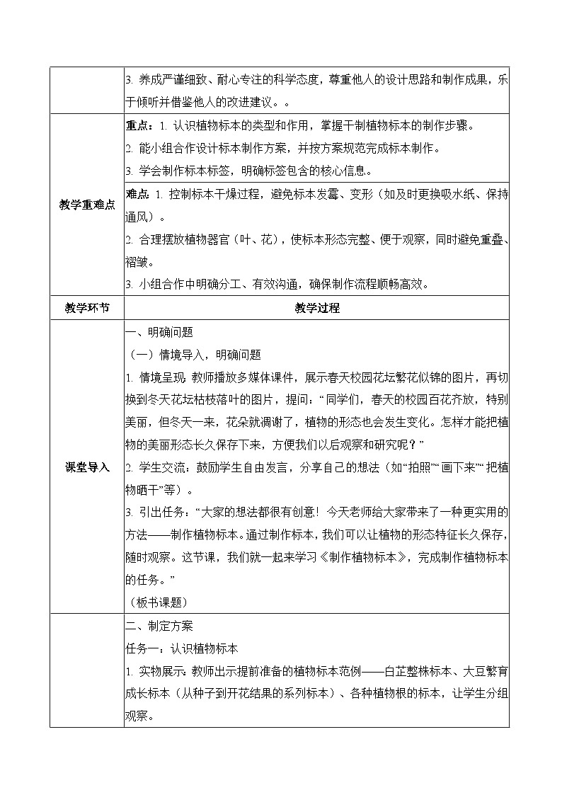 2026年青岛版(六三制)三年级科学下册3.15 制作植物标本(表格式教学设计)第2页