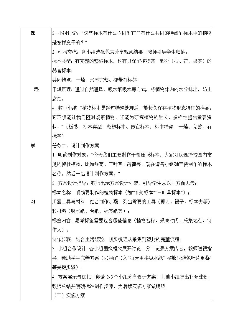 2026年青岛版(六三制)三年级科学下册3.15 制作植物标本(表格式教学设计)第3页