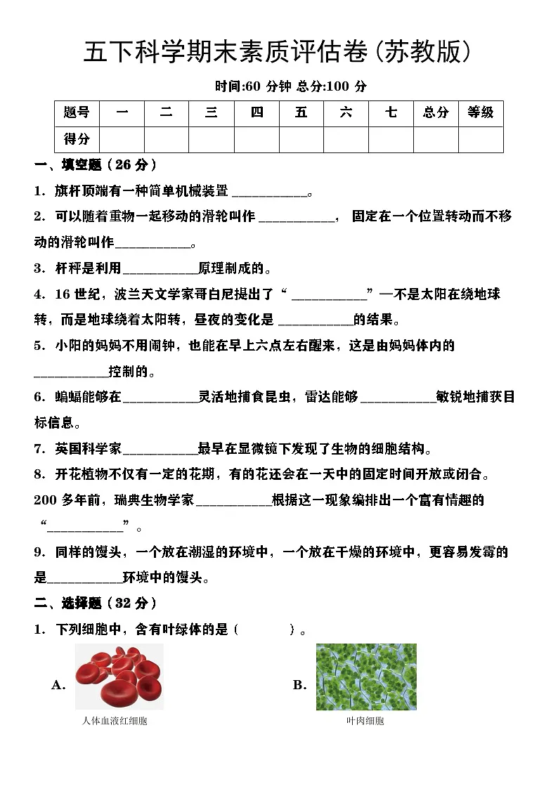 苏教版科学【期末素质评估卷】练习及答案五年级下册第1页