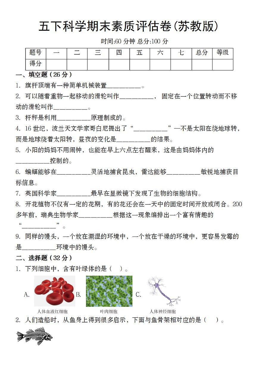 苏教版科学【期末素质评估卷】练习及答案五年级下册第1页