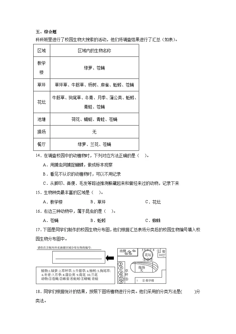 教科版六年级下册科学《制作校园生物分布图》一课一练(含答案)第3页
