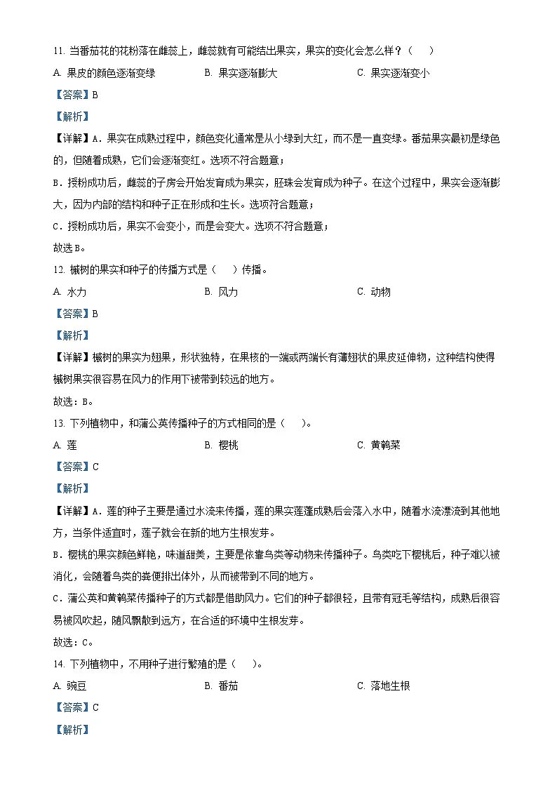 广东省茂名市化州市粤教版四年级上册期末考试科学试卷(解析版)-A4第3页