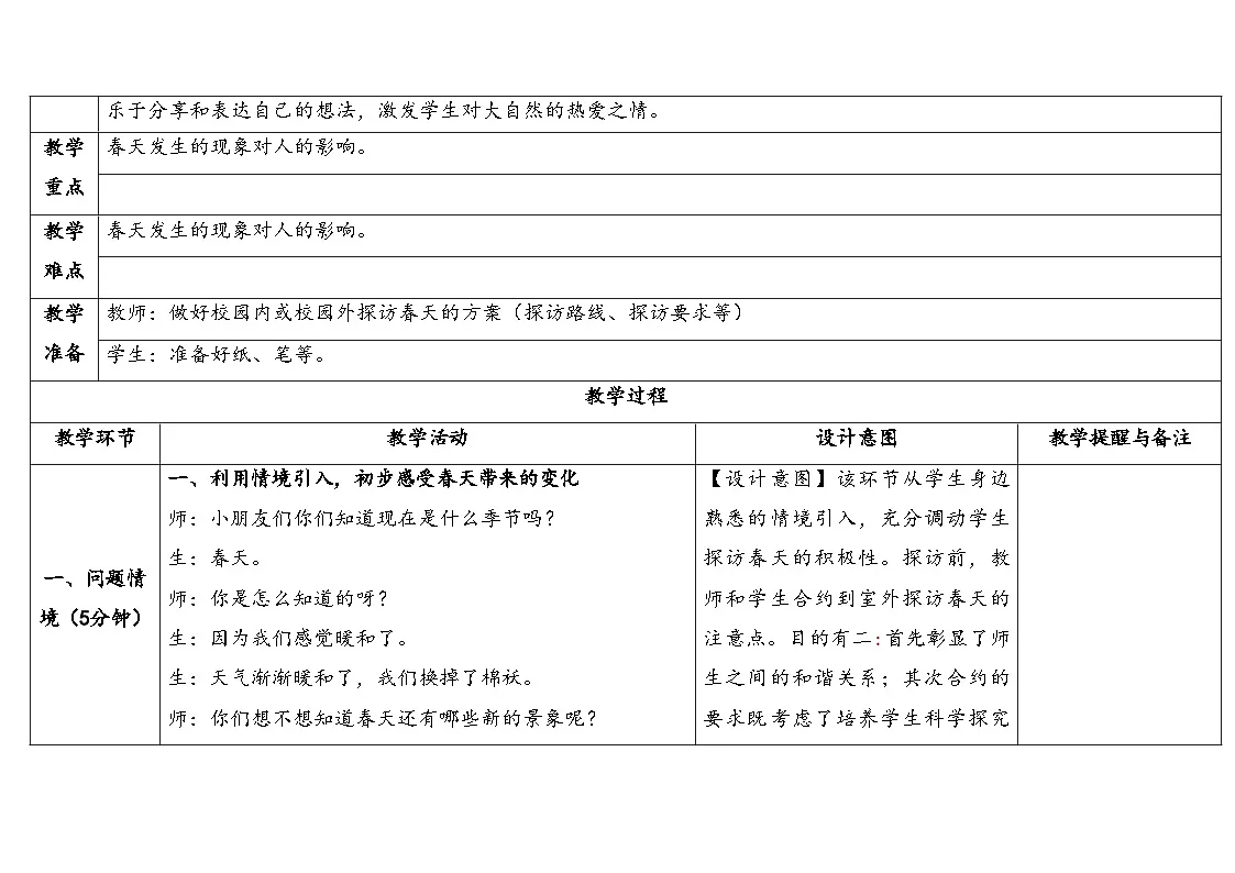 2.1.探访春天 表格式教学设计 2025-2026学年大象版二年级科学下册第2页
