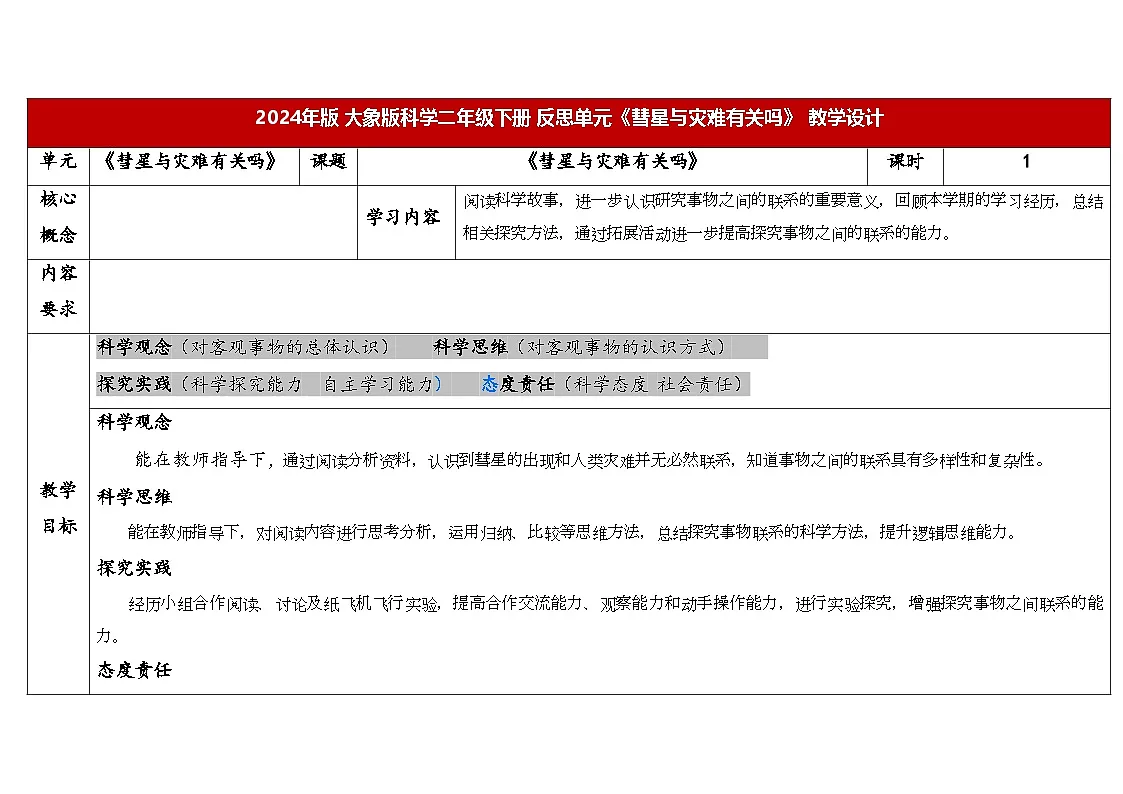 《彗星与灾难有关吗》表格式教学设计 2025-2026学年大象版二年级科学下册第1页